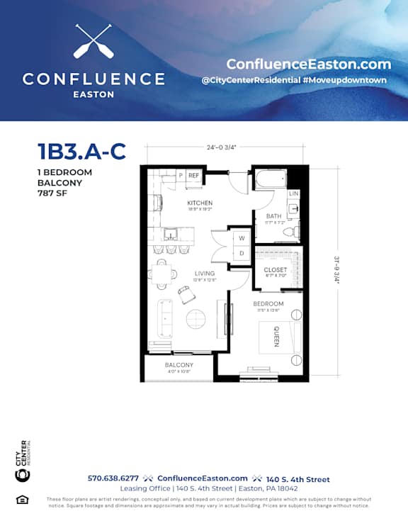 Floor Plan  1B3A-C Floor Plan at The Confluence Apartments, Easton, Pennsylvania