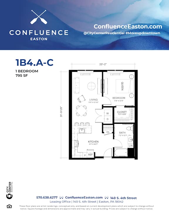 Floor Plan  1B4A-C Floor Plan at The Confluence Apartments, Pennsylvania, 18042