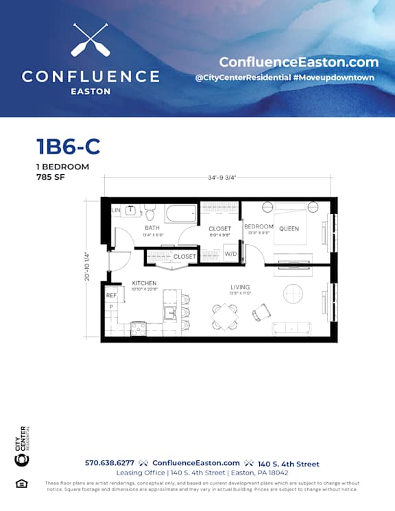 Floor Plan  1B6-C Floor Plan at The Confluence Apartments, Easton, PA