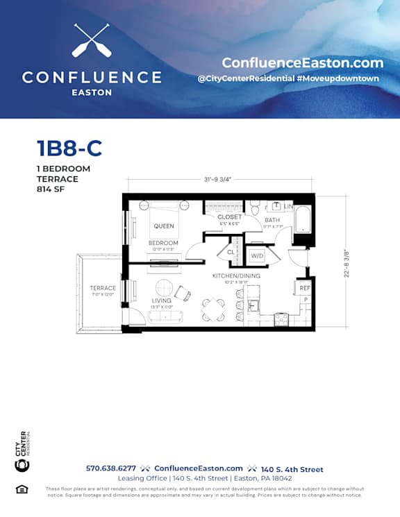 Floor Plan  1B8-C Floor Plan at The Confluence Apartments, Easton, Pennsylvania