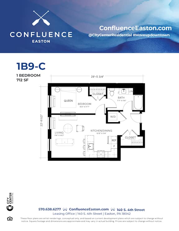 Floor Plan  1B9-C Floor Plan at The Confluence Apartments, Pennsylvania