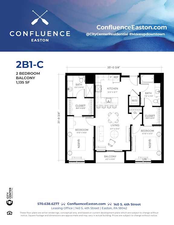 Floor Plan  2B1-C Floor Plan at The Confluence Apartments, Pennsylvania, 18042
