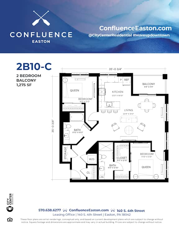 Floor Plan  2B10-C Floor Plan at The Confluence Apartments, Easton, PA, 18042
