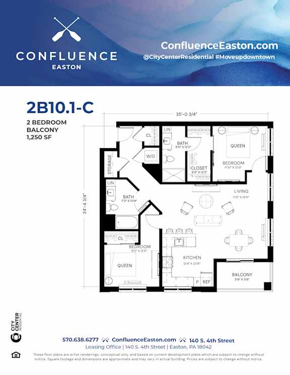 Floor Plan  2B101-C Floor Plan at The Confluence Apartments, Easton, PA