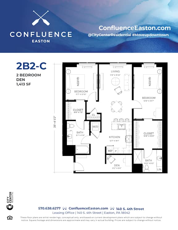 Floor Plan  2B2-C Floor Plan at The Confluence Apartments, Easton, 18042