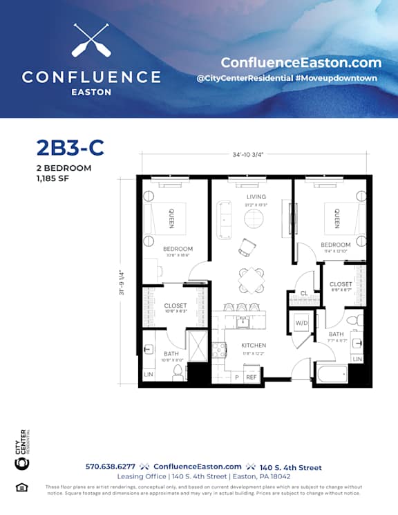 Floor Plan  2B3-C Floor Plan at The Confluence Apartments, Easton, Pennsylvania