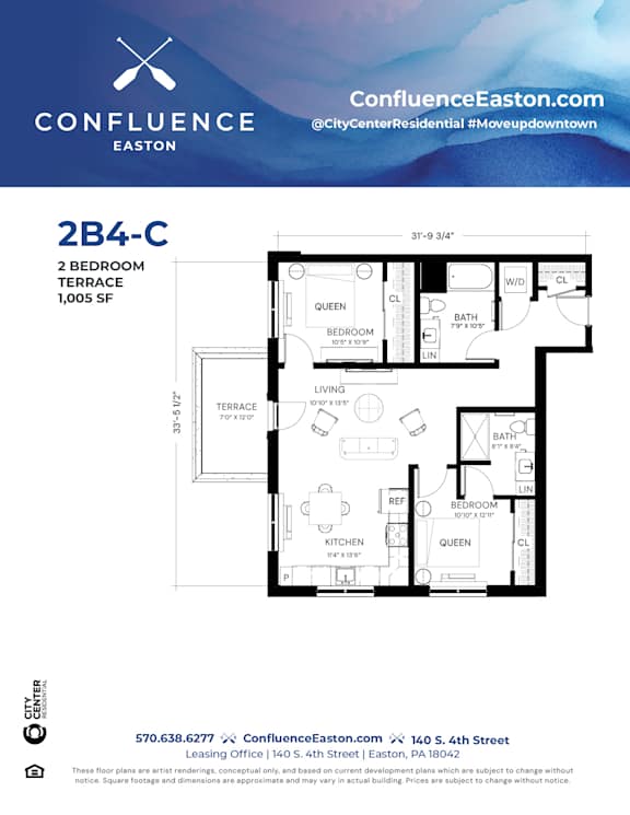 Floor Plan  2B4-C Floor Plan at The Confluence Apartments, Pennsylvania