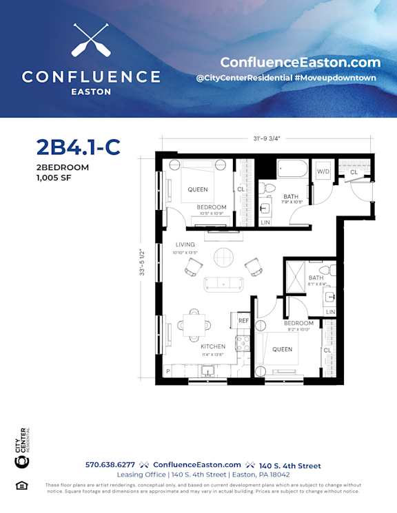 Floor Plan  2B41-C Floor Plan at The Confluence Apartments, Pennsylvania, 18042