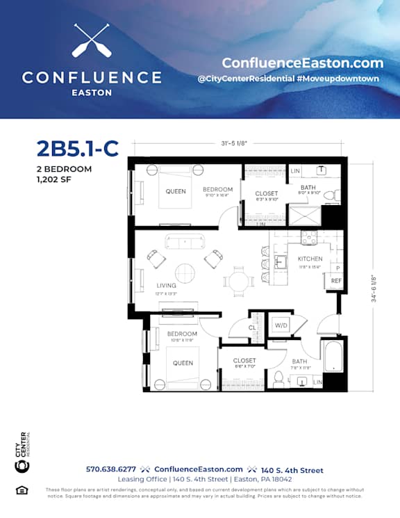 Floor Plan  2B51-C Floor Plan at The Confluence Apartments, Easton, PA