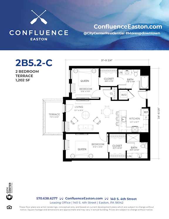 Floor Plan  2B52-C Floor Plan at The Confluence Apartments, Easton, 18042