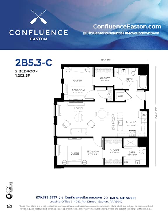 Floor Plan  2B53-C Floor Plan at The Confluence Apartments, Easton, Pennsylvania