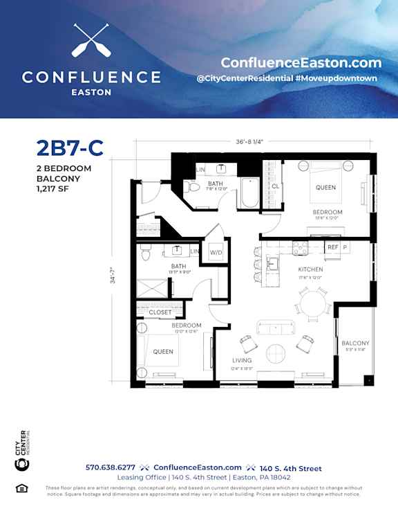 Floor Plan  2B7-C Floor Plan at The Confluence Apartments, Pennsylvania