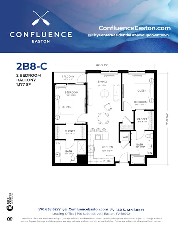 Floor Plan  2B8-C Floor Plan at The Confluence Apartments, Pennsylvania, 18042