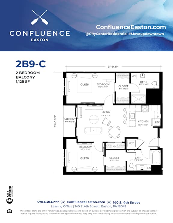Floor Plan  2B9-C Floor Plan at The Confluence Apartments, Easton, PA, 18042