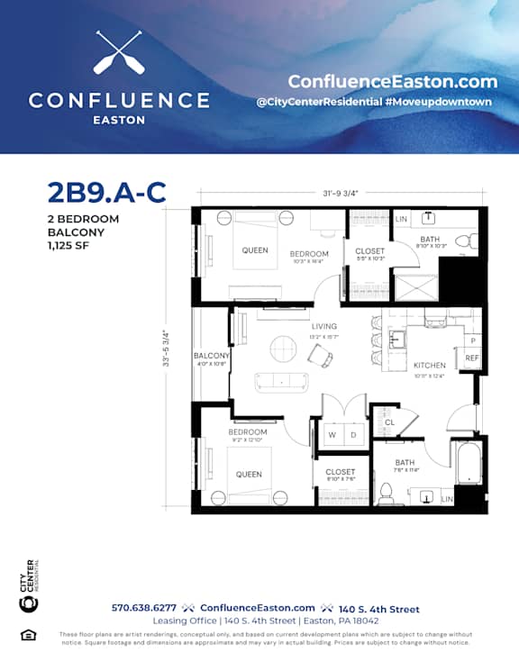 Floor Plan  2B9A-C Floor Plan at The Confluence Apartments, Easton, PA