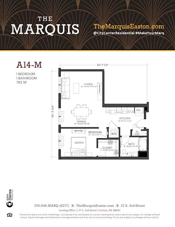 A floor plan for an apartment at The Marquis in Easton.