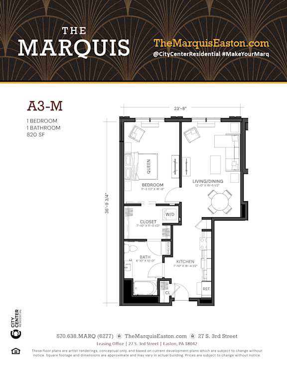 Apartment floor plan for a 1 bedroom apartment.