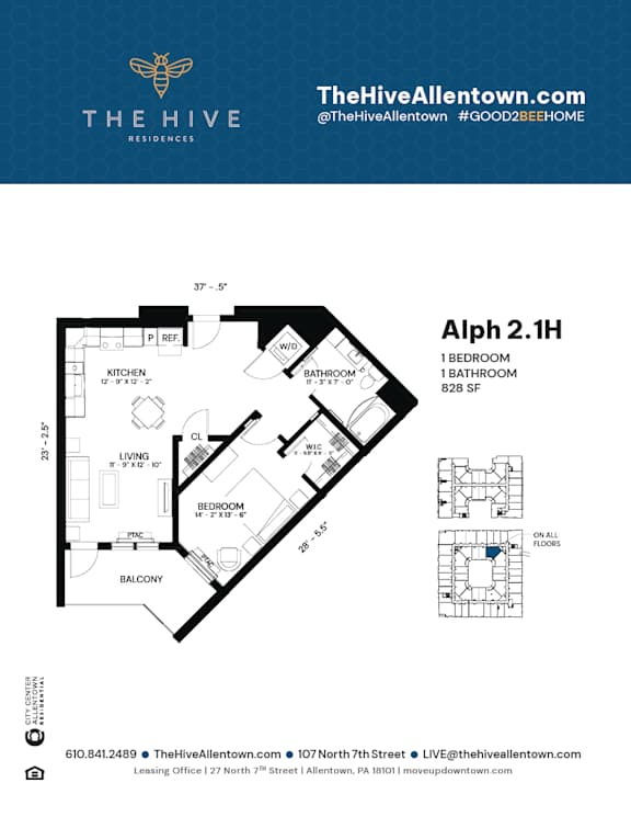 1 bed 1 bath W at The Hive Apartments, Allentown, PA