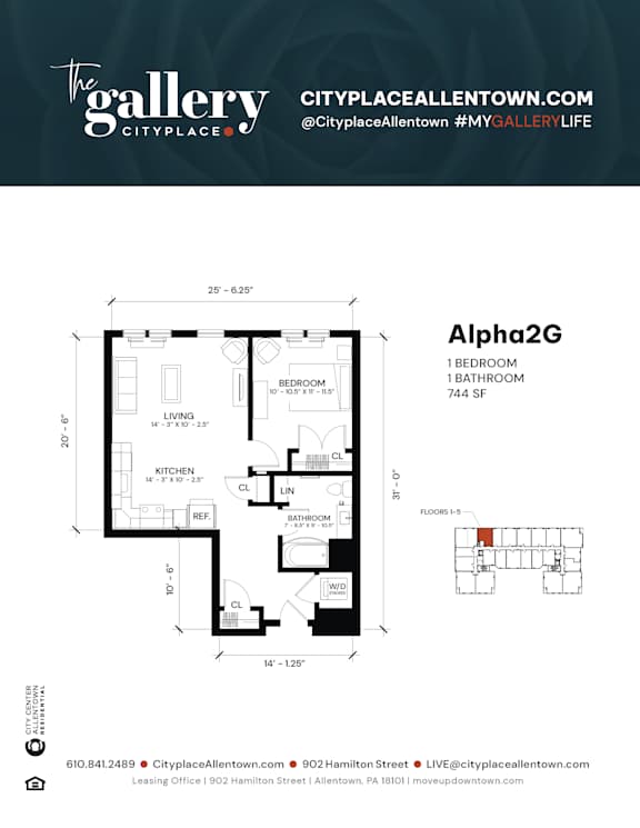 1 bedroom 1 bathroom B at The Gallery Apartment Homes Apartments, Allentown, PA, 18101