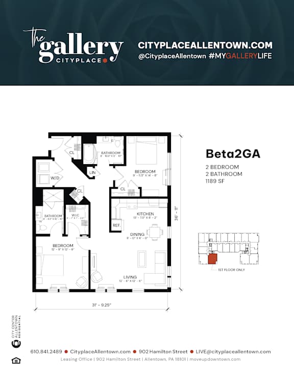 2 bed 2 bath B at The Gallery Apartment Homes Apartments, Allentown, Pennsylvania