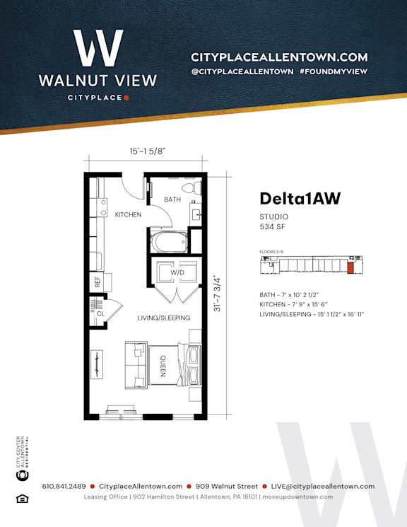 Studio 1 bath Delta1AW  at Walnut View Apartments, Pennsylvania