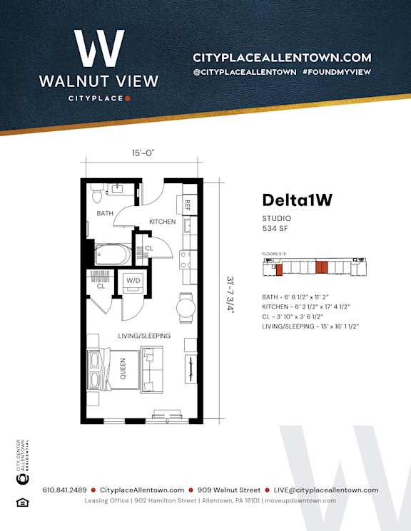 Studio 1 bath I at Walnut View Apartments, Allentown, PA, 18102