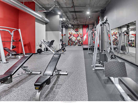 A gym with a variety of equipment including a bench press, a squat rack, and a leg press machine.