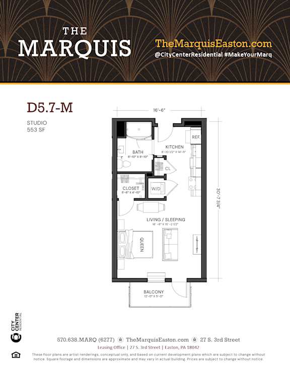 A floor plan for a studio apartment at The Marquis Easton.