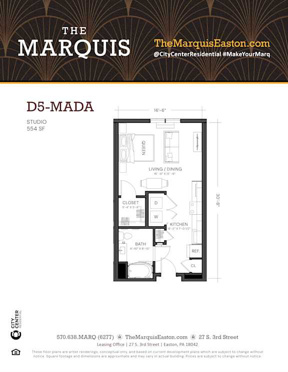 Floor Plan  A floor plan for a studio apartment at The Marquis Easton.