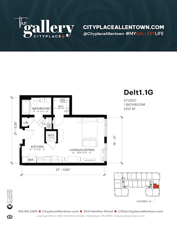 studio 1 bath A at The Gallery Apartment Homes Apartments, Allentown, PA, 18101