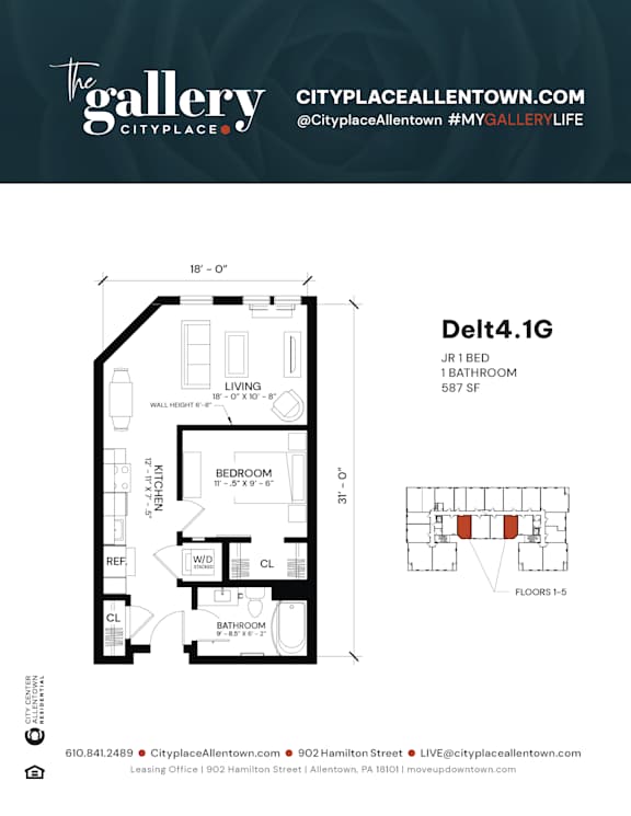 1 bedroom 1 bath at The Gallery Apartment Homes Apartments, Allentown, PA