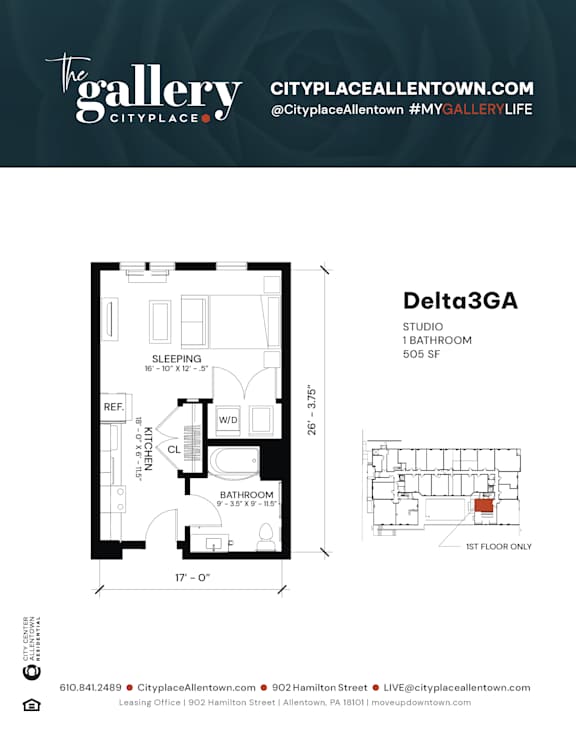 studio 1 bath C at The Gallery Apartment Homes Apartments, Allentown, Pennsylvania