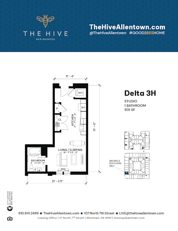 1 bedroom 1 bathroom at The Hive Apartments, Allentown, Pennsylvania