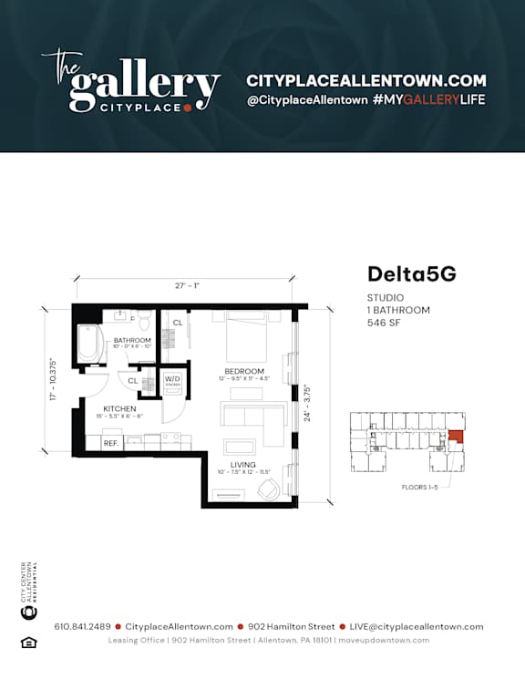 studio 1 bath D at The Gallery Apartment Homes Apartments, Pennsylvania