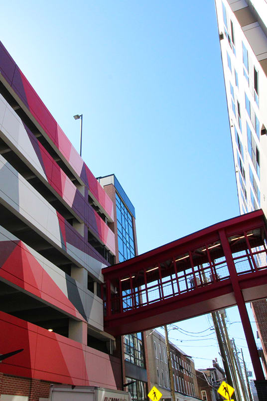 A red bridge connects two buildings at The Gallery Apartment Homes Apartments, Allentown, PA, 18101