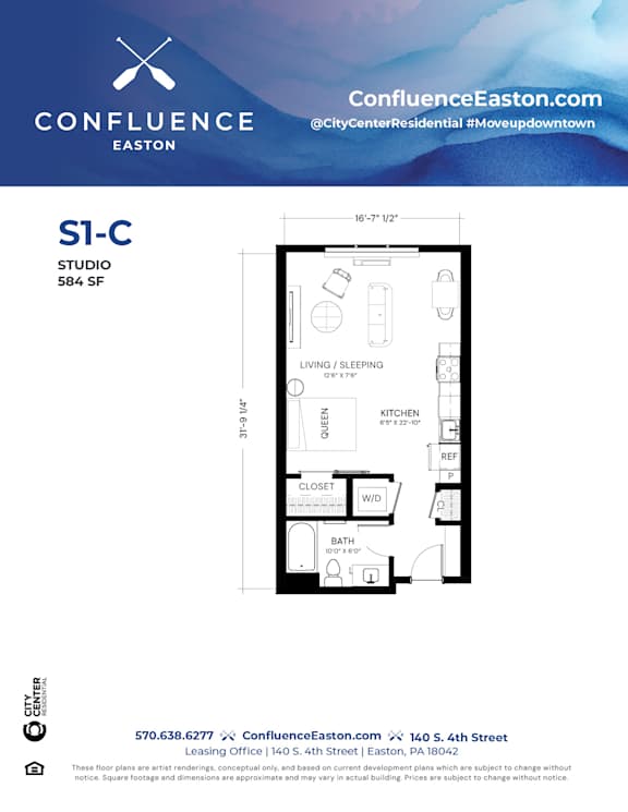 Floor Plan  S1-C Floor Plan at The Confluence Apartments, Easton, 18042