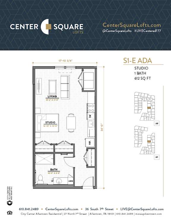 S1E Floor Plan at Center Square Lofts East, Allentown, PA 18101