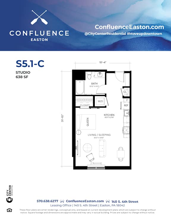 Floor Plan  S51-C Floor Plan at The Confluence Apartments, Easton, PA