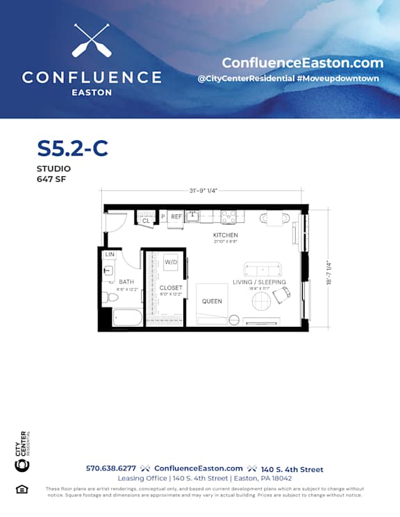 Floor Plan  S52-C Floor Plan at The Confluence Apartments, Easton, 18042