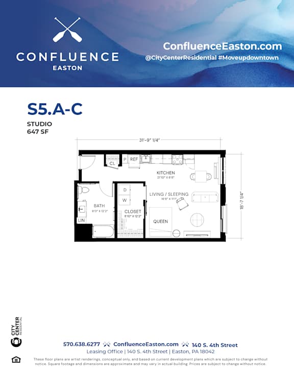 Floor Plan  S5A-C Floor Plan at The Confluence Apartments, Easton, Pennsylvania