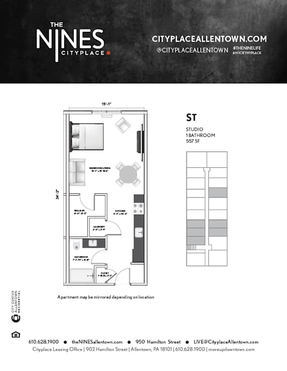 Studio 1 bath at The Nines Apartment Homes Apartments, Allentown, PA, 18101