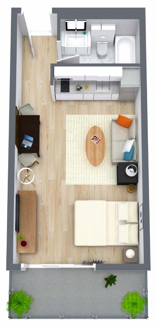 Floor Plan  A top-down view of a small apartment with a bed, a couch, a table, and a kitchenette at The Teale Golden Gate in Naples, FL, 34116