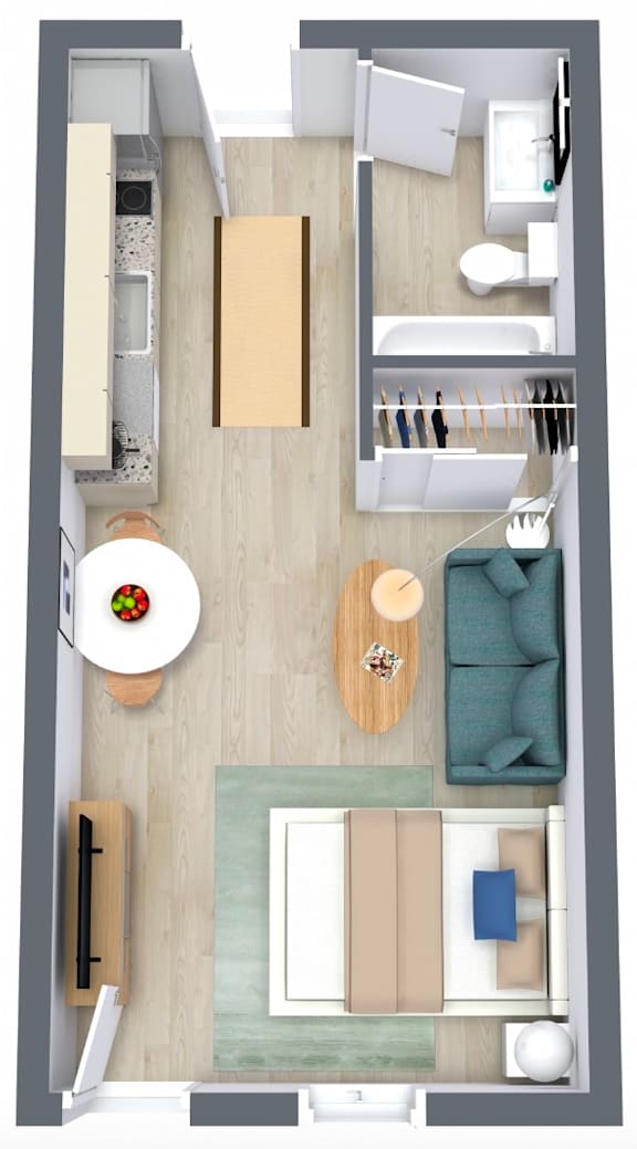 Floor Plan  A top-down view of a modern living room with a dining area and kitchen at The Teale Golden Gate in Naples, FL, 34116