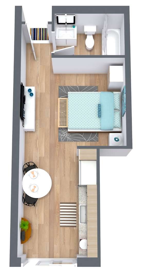 Floor Plan  A top-down view of a small apartment with a bedroom, living room, and bathroom at The Teale Golden Gate in Naples, FL, 34116