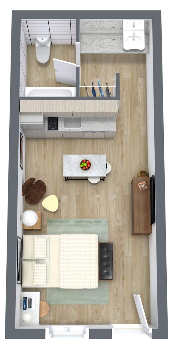 A top down view of a small apartment with a kitchen, living room, and bathroom.at The Teale Navy Yard, North Charleston, South Carolina