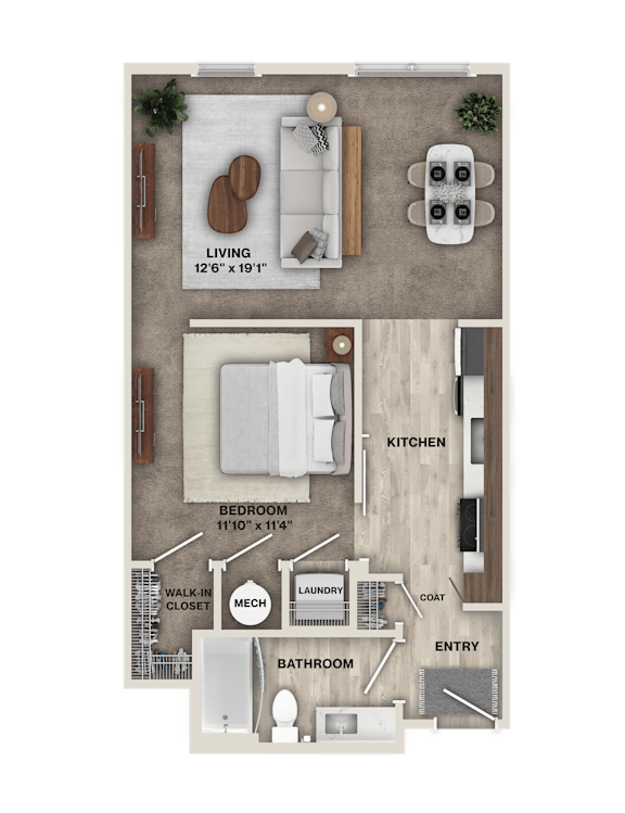 A floor plan of a small apartment with a living room, kitchen, bedroom, bathroom, and entry.
