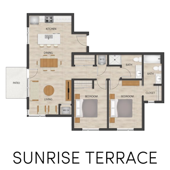 A floor plan of a Sunrise Terrace apartment.
