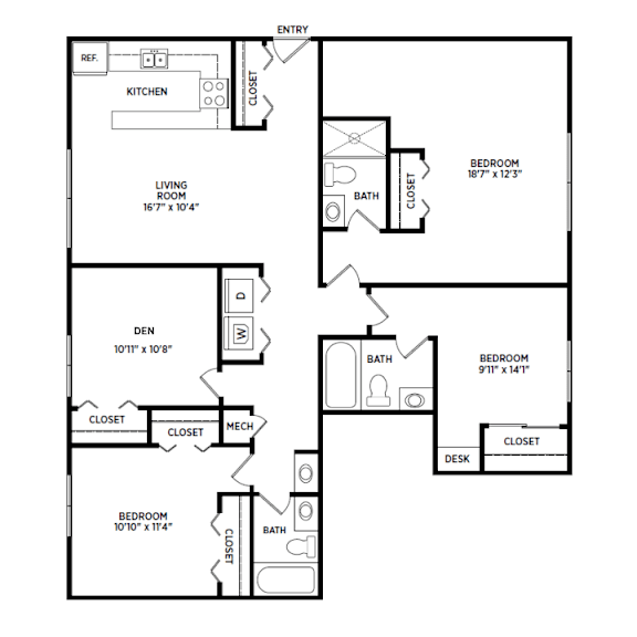 3 bedroom floor plan with a den | Glenwood Apartments in East Lansing, MI