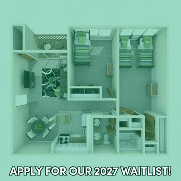 A poster with a waitlist for 2027 is displayed over a cutout image of a room.