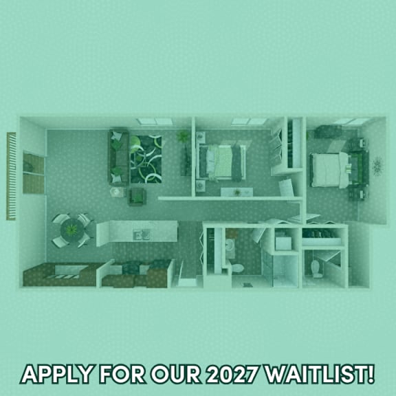 A poster advertising a waitlist for 2027 with a cutout of a room.